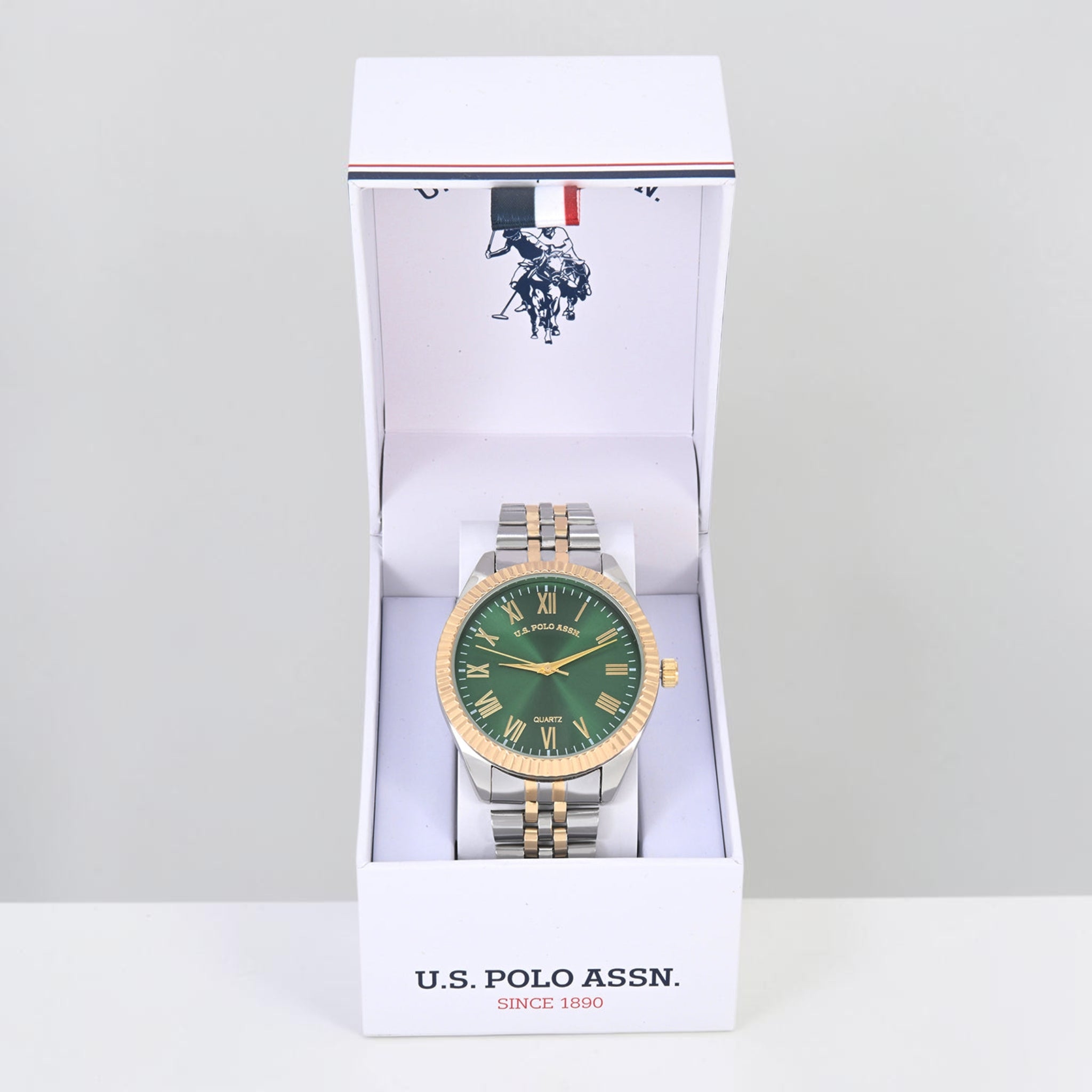 MENS TWO TONE LINK WATCH WITH GREEN DIAL,USC81002UO-0000A