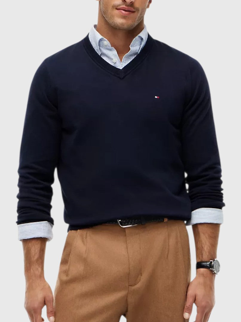 TOMMY HILFIGER Solid Logo V-Neck Sweater,78J8323-BDS