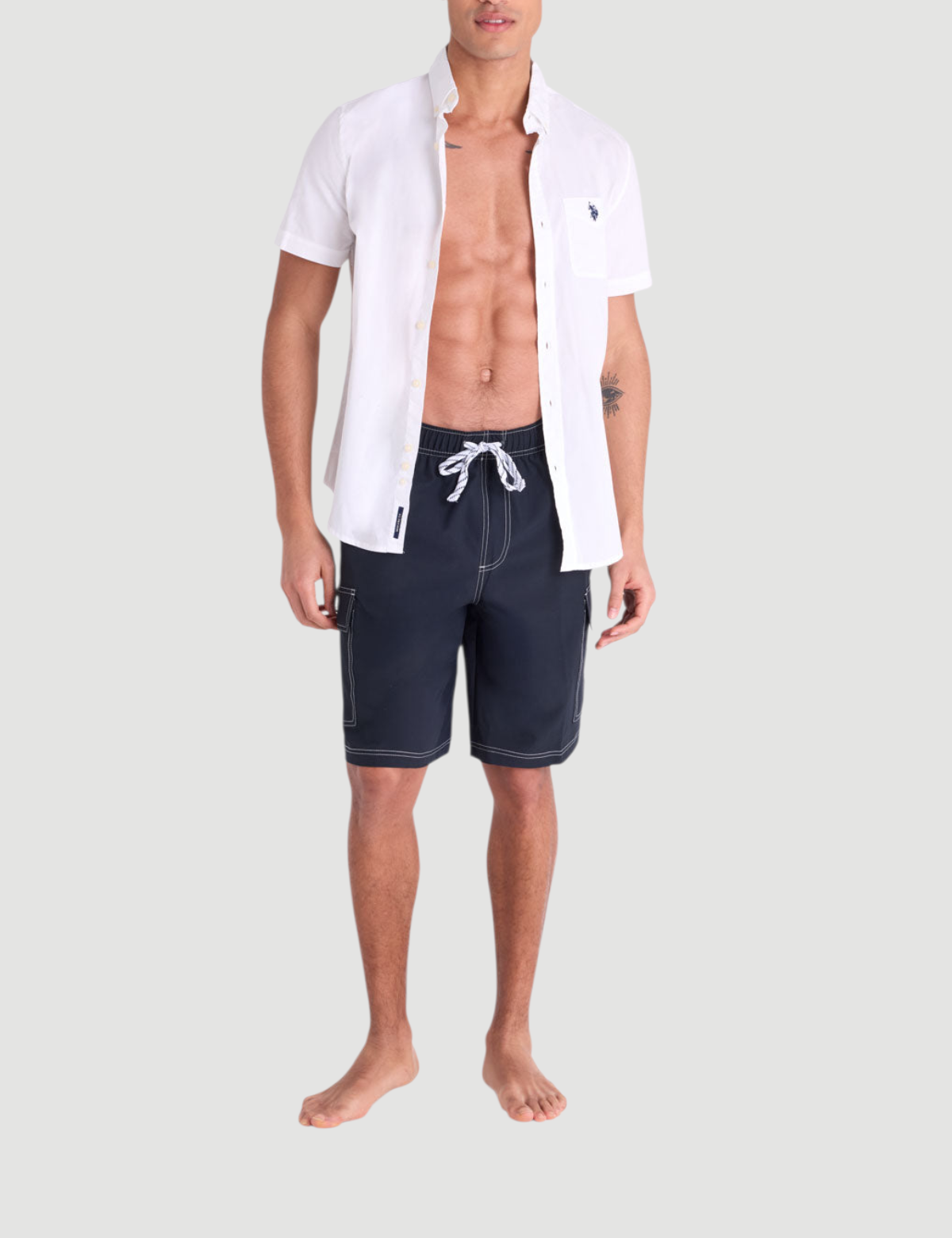 10" CONTRAST STITCH STRETCH CARGO SWIM SHORTS