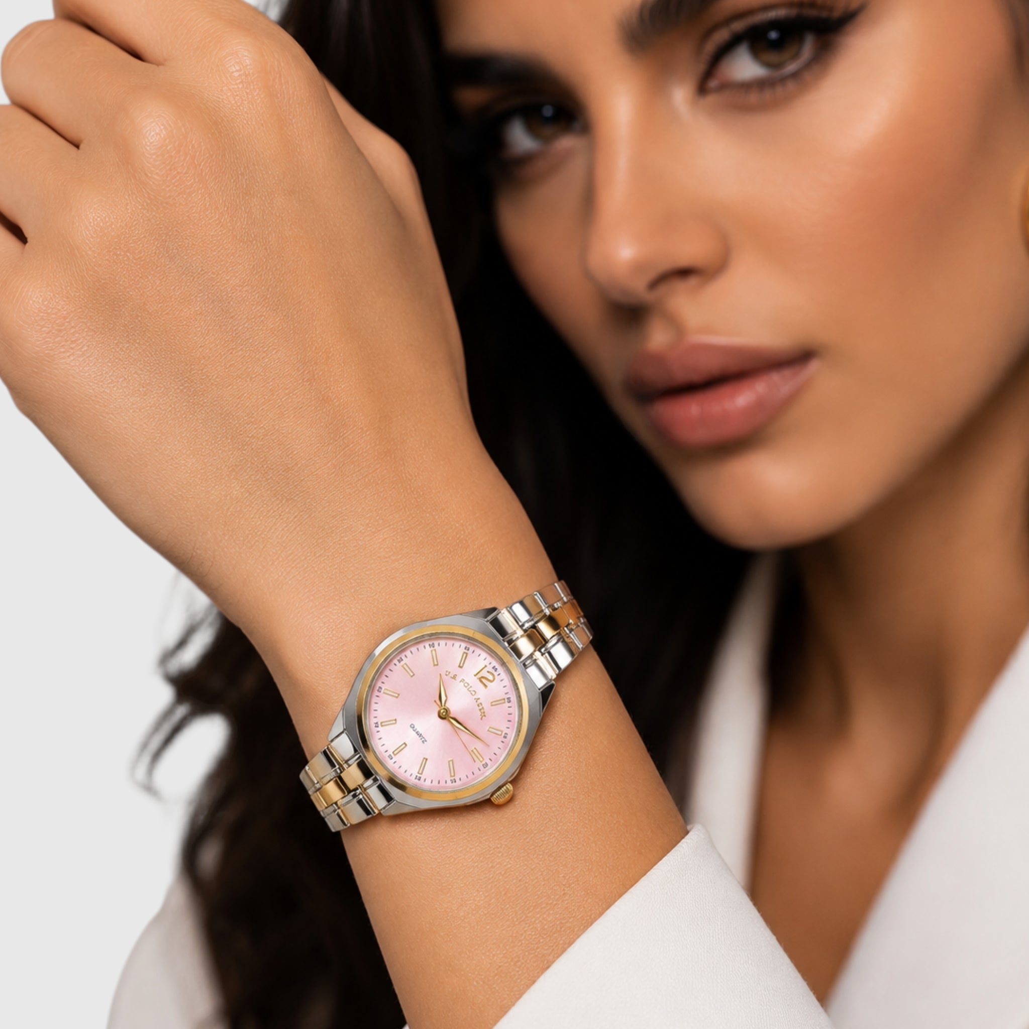 LADIES TWO TONE SILVER AND GOLD WATCH WITH PINK FACE,USC40686UO-0000A