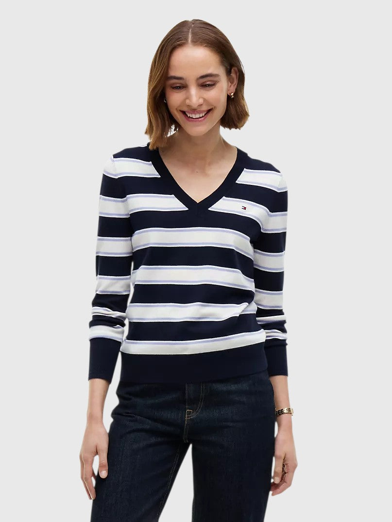 TOMMY HILFIGER Lightweight Striped V-Neck Sweater,XW09742-VLP