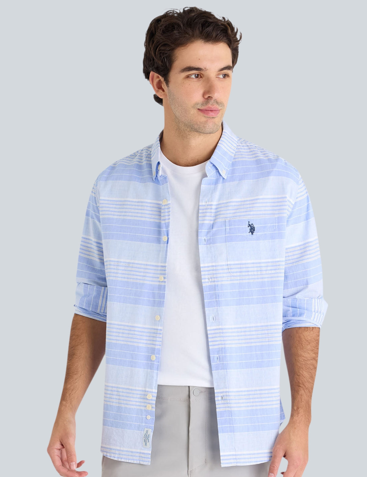 LONG SLEEVE HORIZONTAL STRIPE SLUB POPLIN SHIRT,11H0383-VQ00A