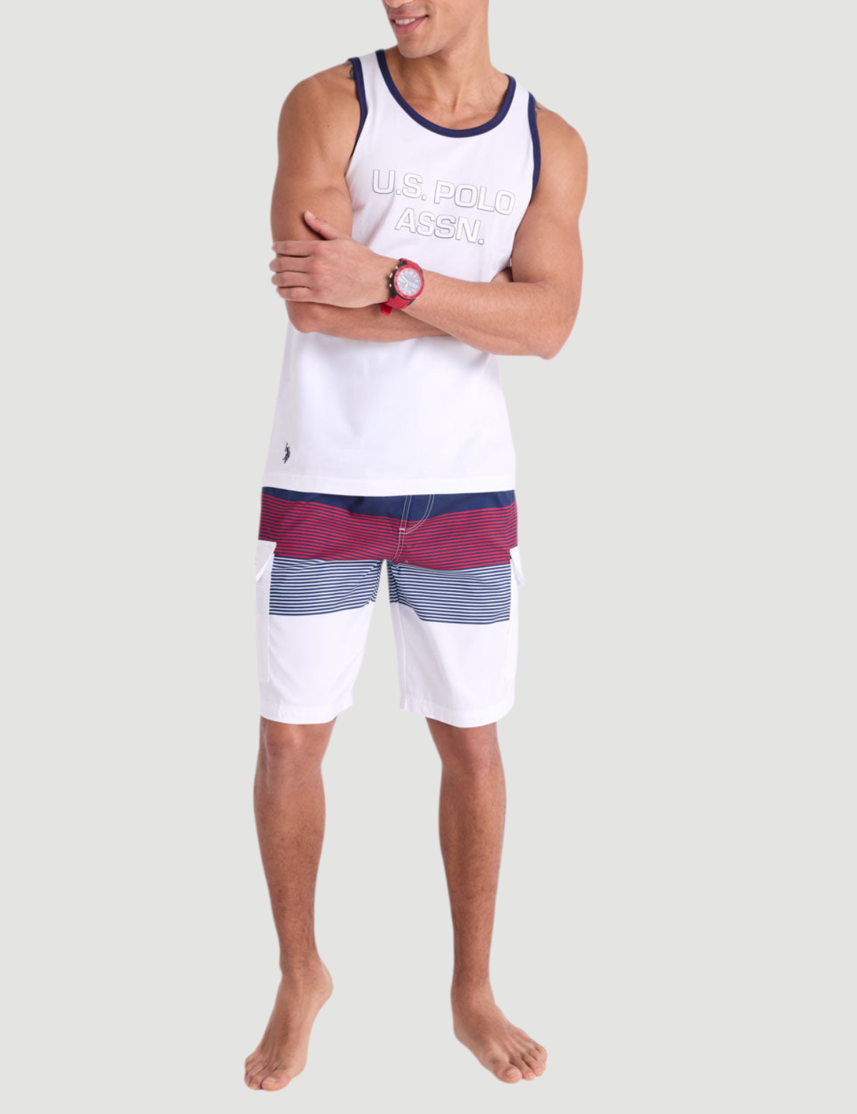10" COLORBLOCK STRIPE CARGO SWIM SHORTS