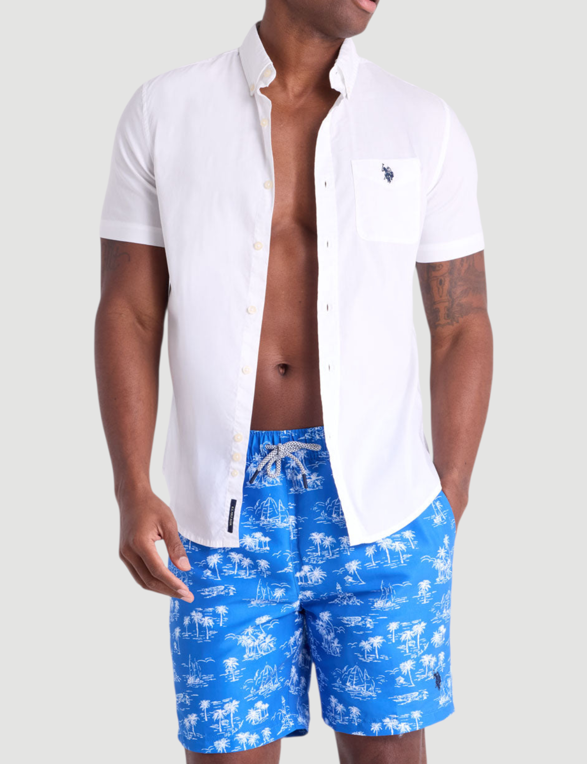 7" PALM TREE PRINT SWIM SHORTS