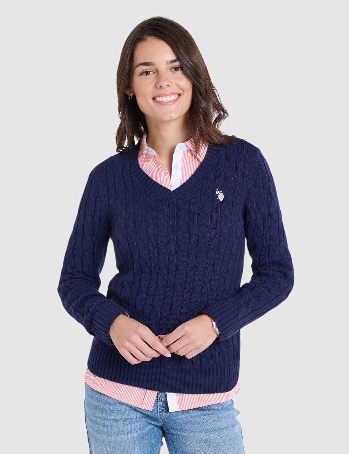 US.POLO.ASSN CABLE V-NECK SWEATER, 21W0007-EE00A