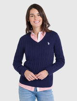 US.POLO.ASSN CABLE V-NECK SWEATER, 21W0007-EE00A