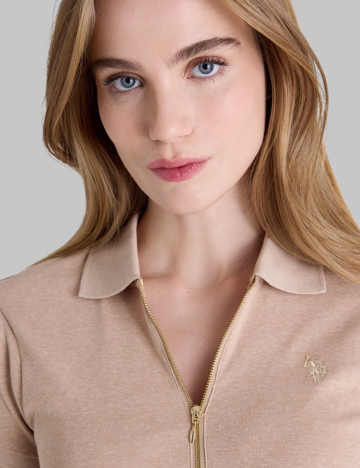 HALF ZIP PUFF SLEEVE HEATHER POLO SHIRT