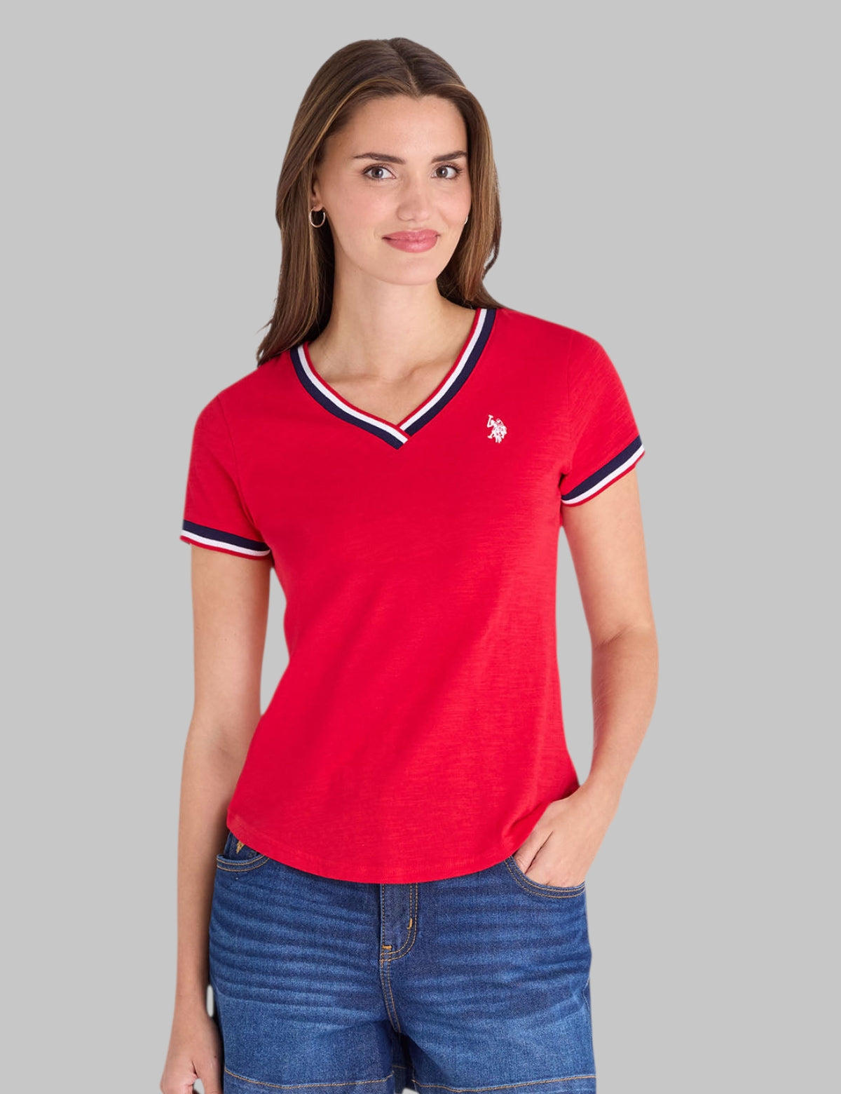 V-NECK SIGNATURE STRIPE TRIM T-SHIRT,215989-2J00A