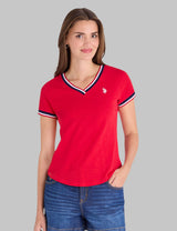 V-NECK SIGNATURE STRIPE TRIM T-SHIRT,215989-2J00A