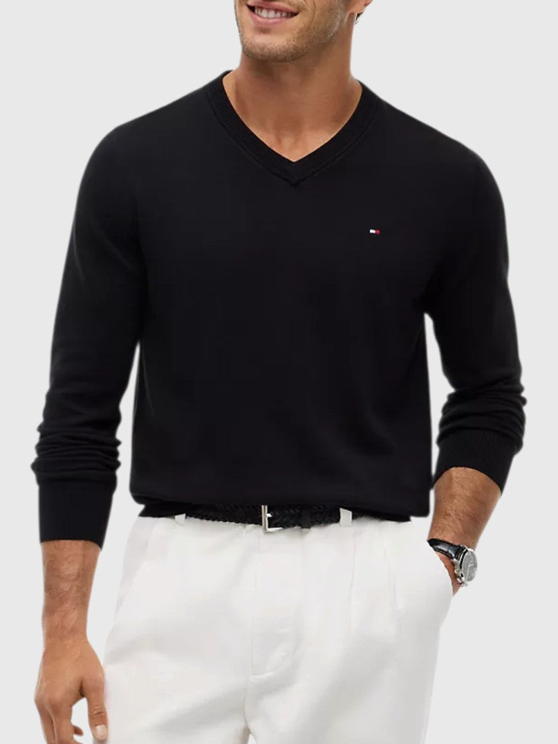 TOMMY HILFIGER Solid Logo V-Neck Sweater,78J8323-BDS