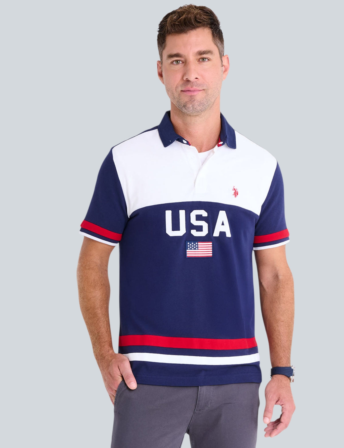 COLOR BLOCK USA APPLIQUE PIQUE POLO SHIRT,11P0113-3O00A