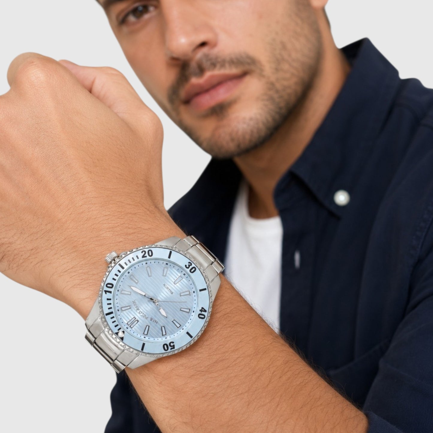 MENS SILVER LINK WATCH WITH BLUE FACE,USC80921UO-0000A