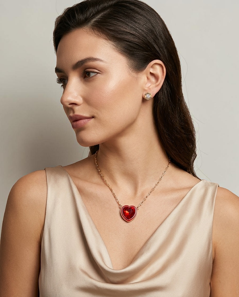 Immediate Guess Heart Pendant Necklace & Stud Earrings Set