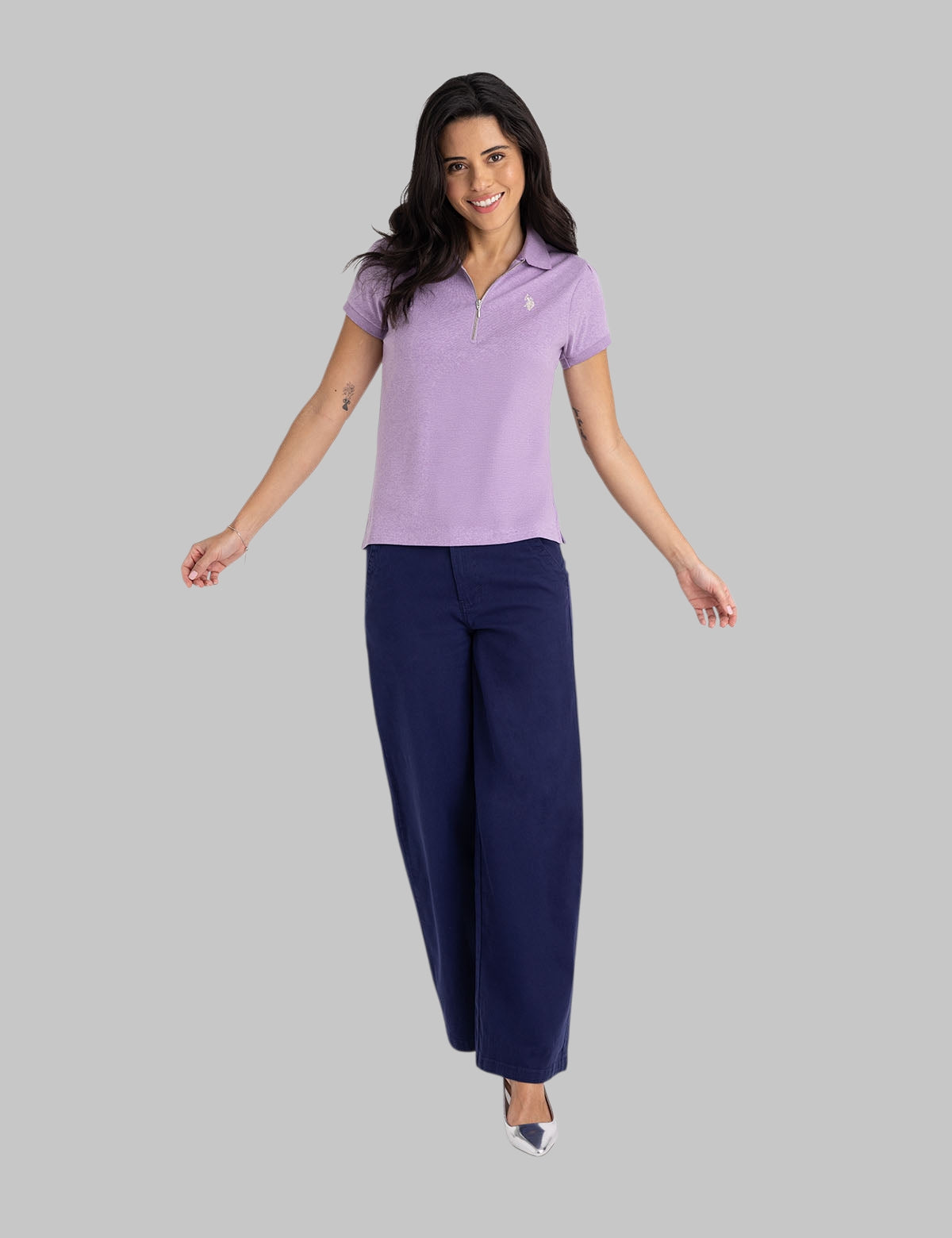 HALF ZIP PUFF SLEEVE HEATHER POLO SHIRT