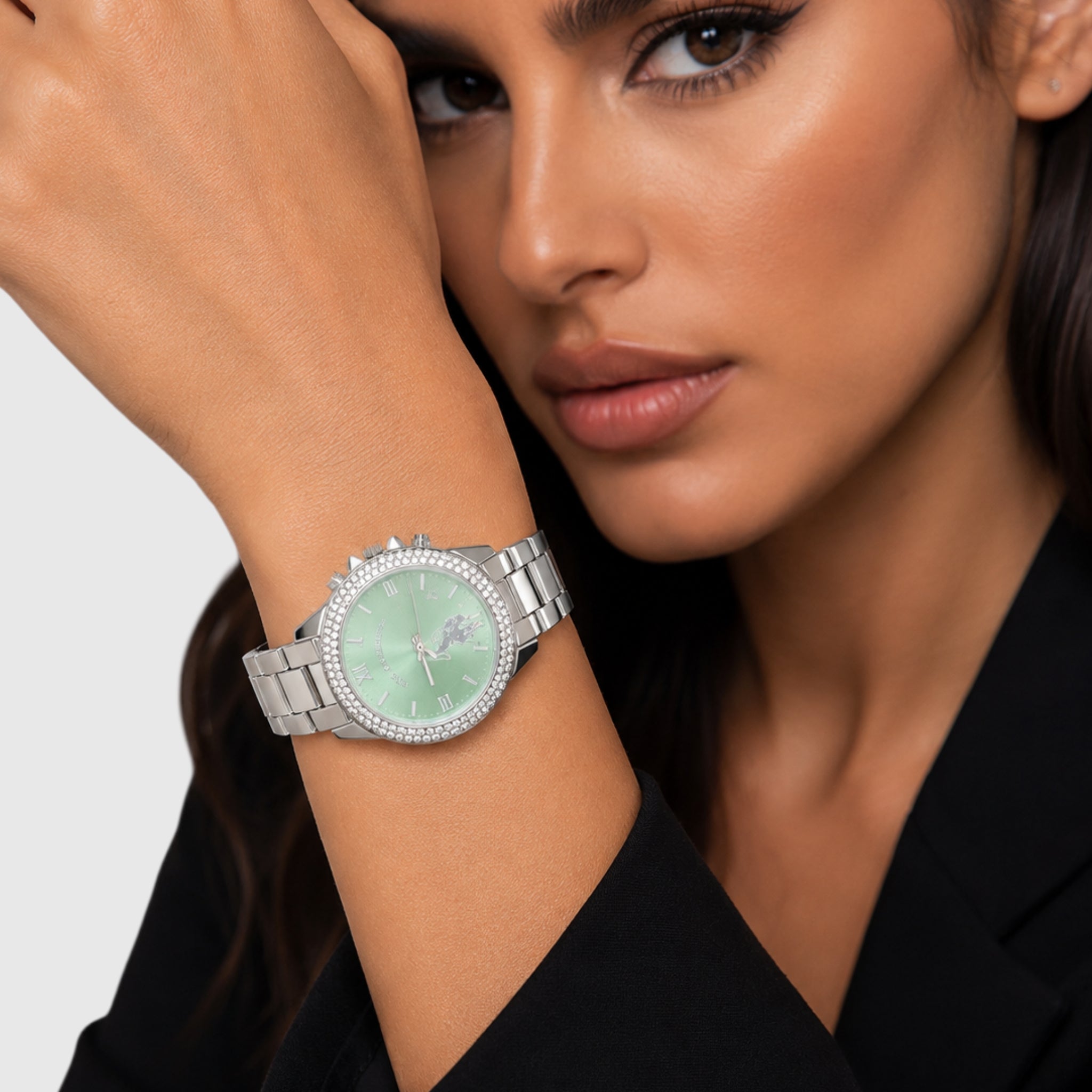 LADIES EMBELLISHED SILVER LINK WATCH WITH MINT FACE,USC40743UO-0000A