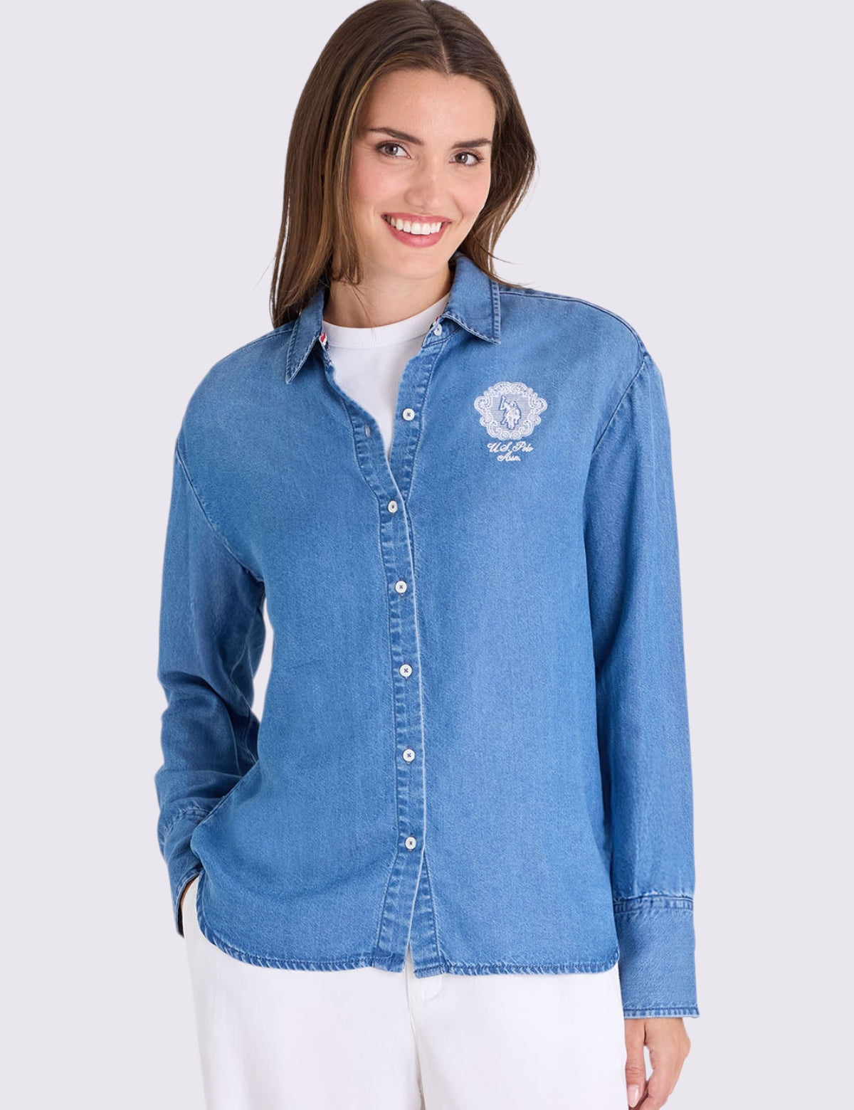 LONG SLEEVE OVERSIZED DENIM SHIRT WITH CREST,21H0050-MP00A