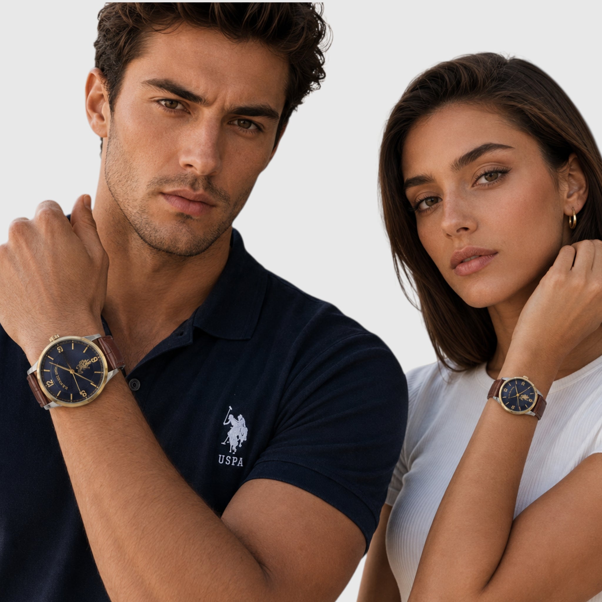 HIS AND HERS BROWN STRAP BLUE DIAL WATCH SET,USC2621UO-0000A