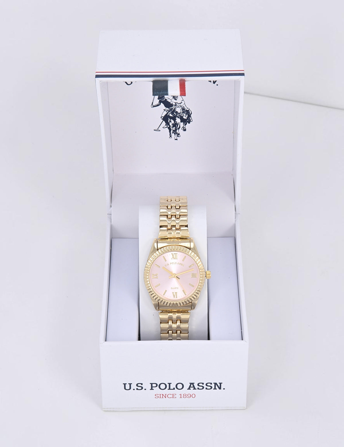 LADIES GOLD LINK ANALOG WATCH WITH PINK FACE,USC40730UO-0000A