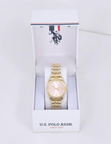 LADIES GOLD LINK ANALOG WATCH WITH PINK FACE,USC40730UO-0000A