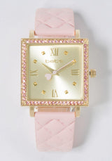 Baby Pink Quilted Strap Watch With Crystal Bezel