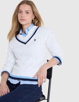 US.POLO.ASSN VARSITY STRIPE V-NECK CABLE SWEATER,21W0019-ER00A
