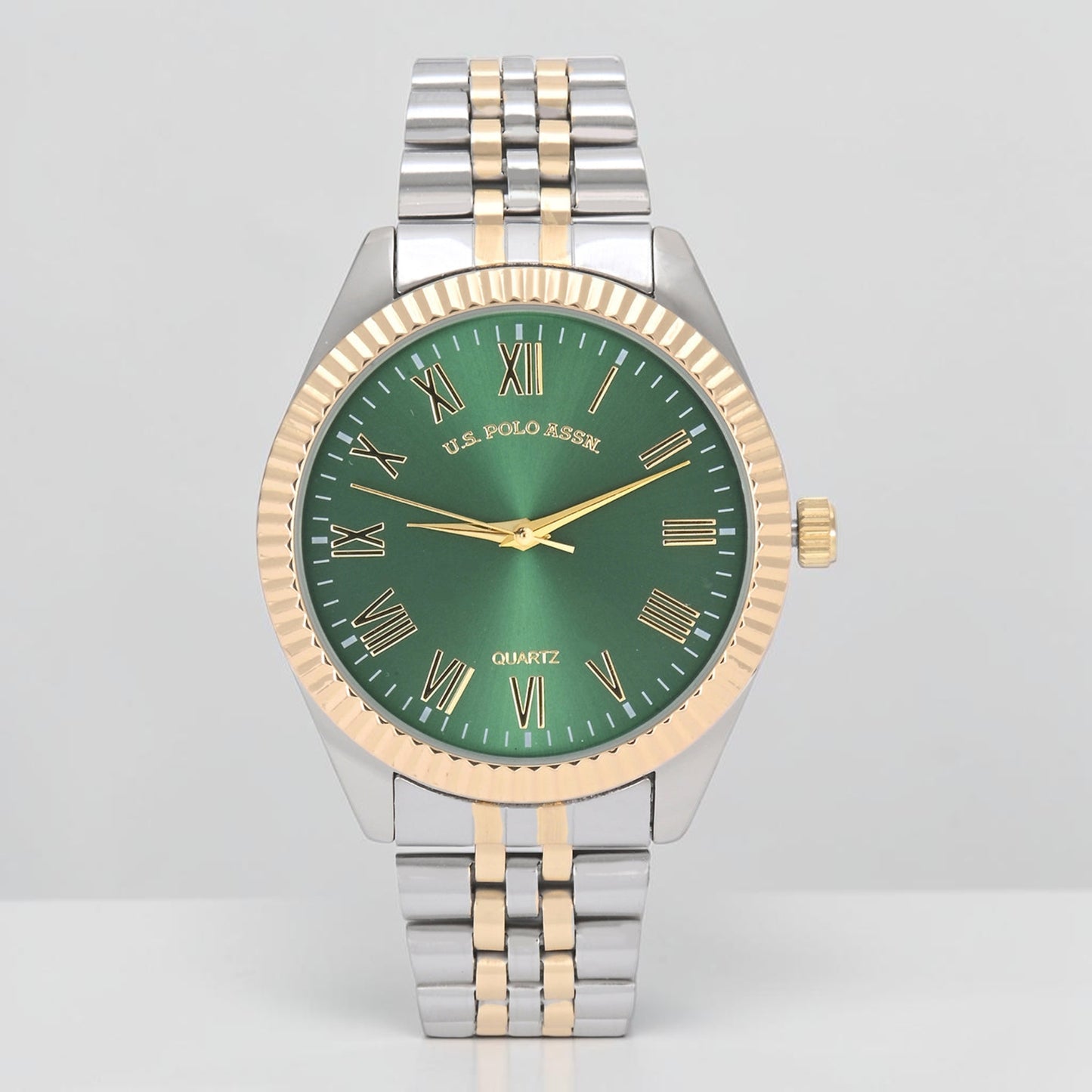 MENS TWO TONE LINK WATCH WITH GREEN DIAL,USC81002UO-0000A