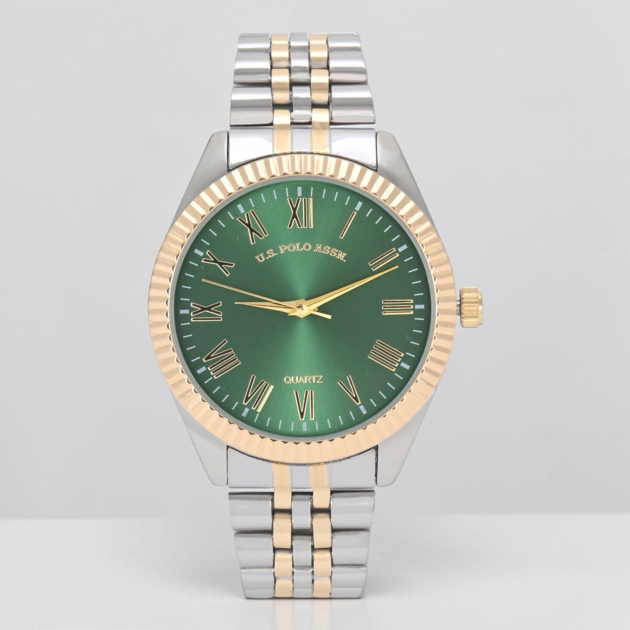 MENS TWO TONE LINK WATCH WITH GREEN DIAL,USC81002UO-0000A