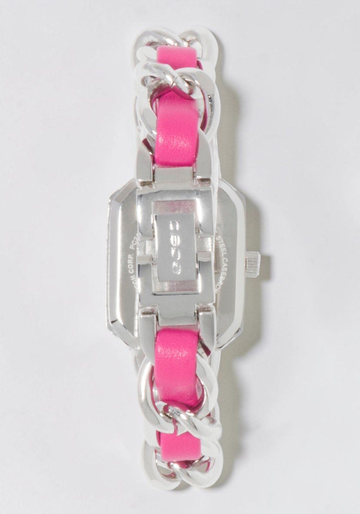 Pink Strap and Silver Metal Chain Link Bracelet Watch