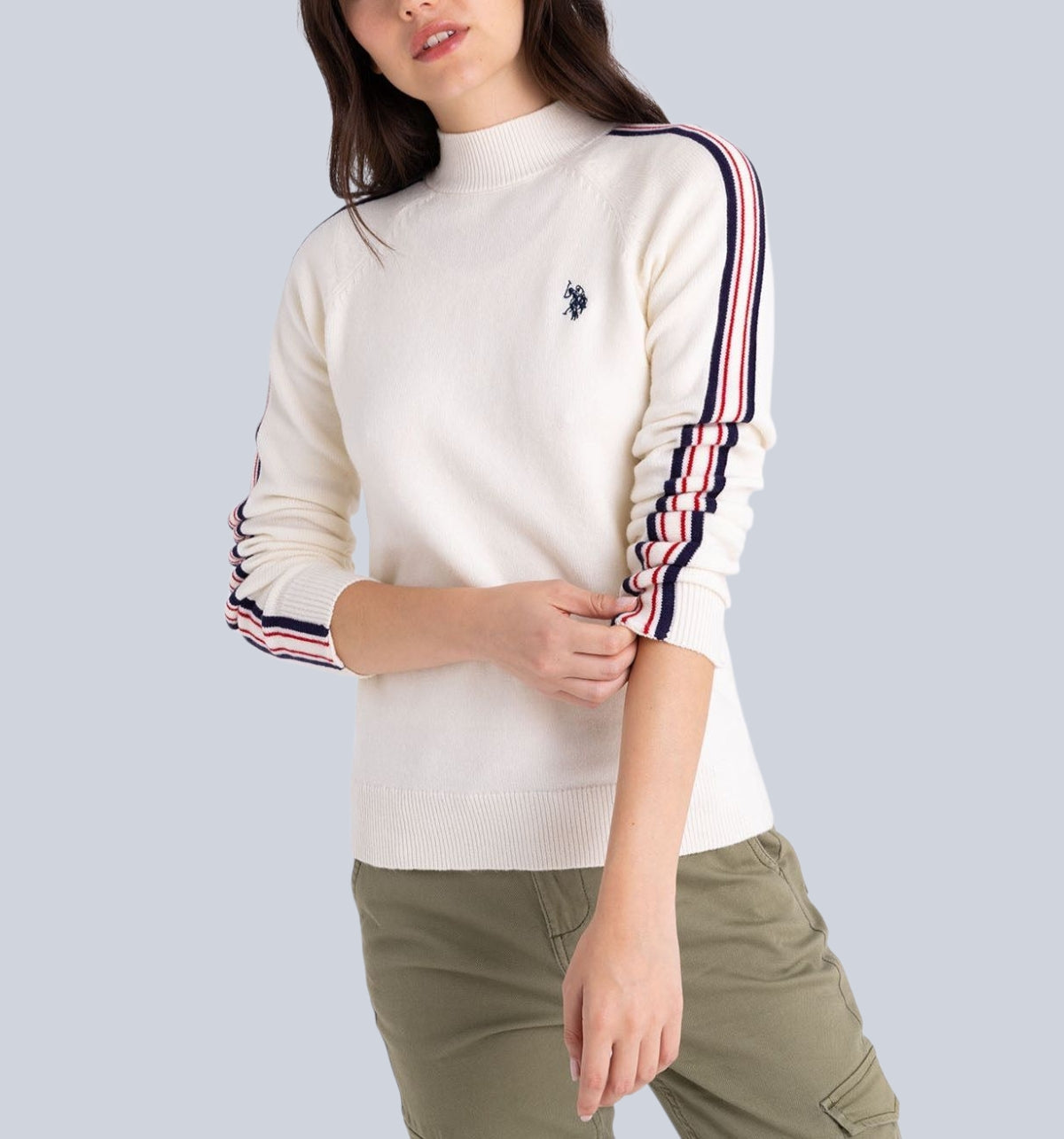 SIGNATURE STRIPE RAGLAN MOCK NECK SWEATER,321113C