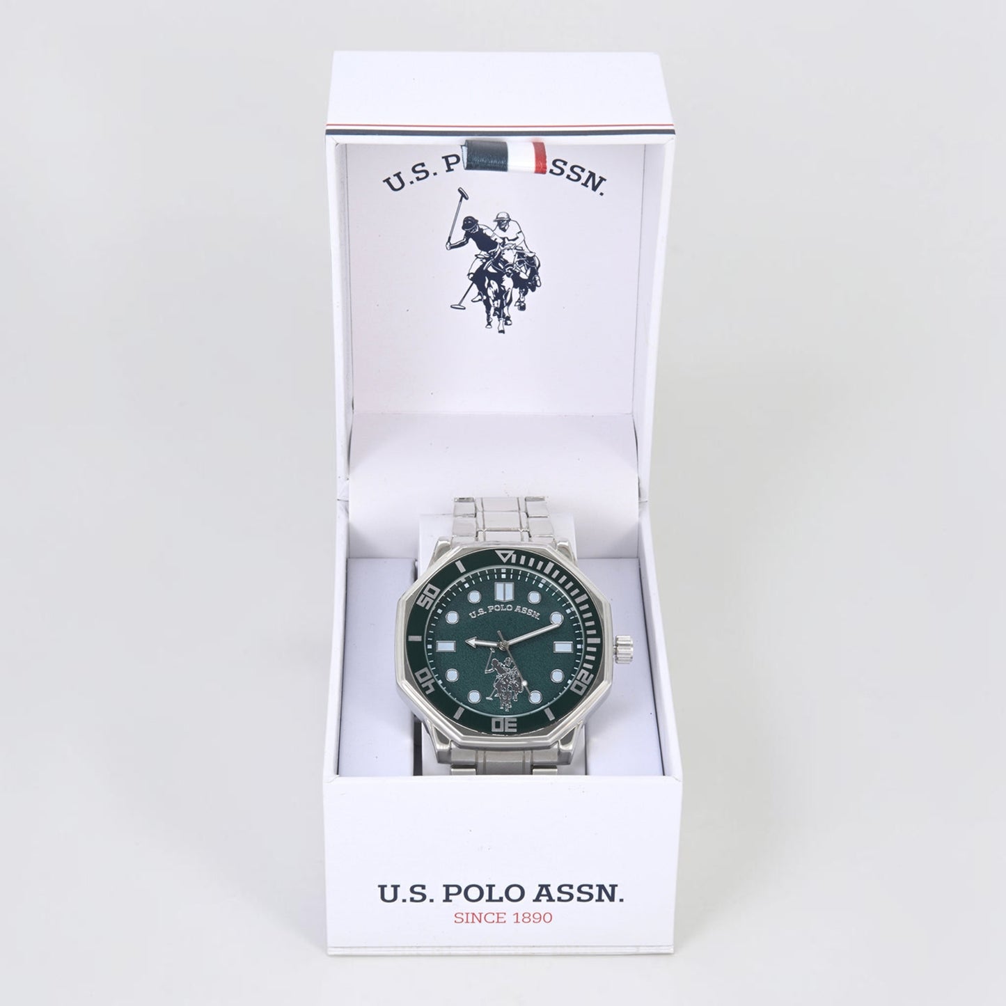 MENS SILVER TONE LINK WATCH WITH GREEN DIAL,USC81011UO-0000A