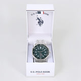 MENS SILVER TONE LINK WATCH WITH GREEN DIAL,USC81011UO-0000A