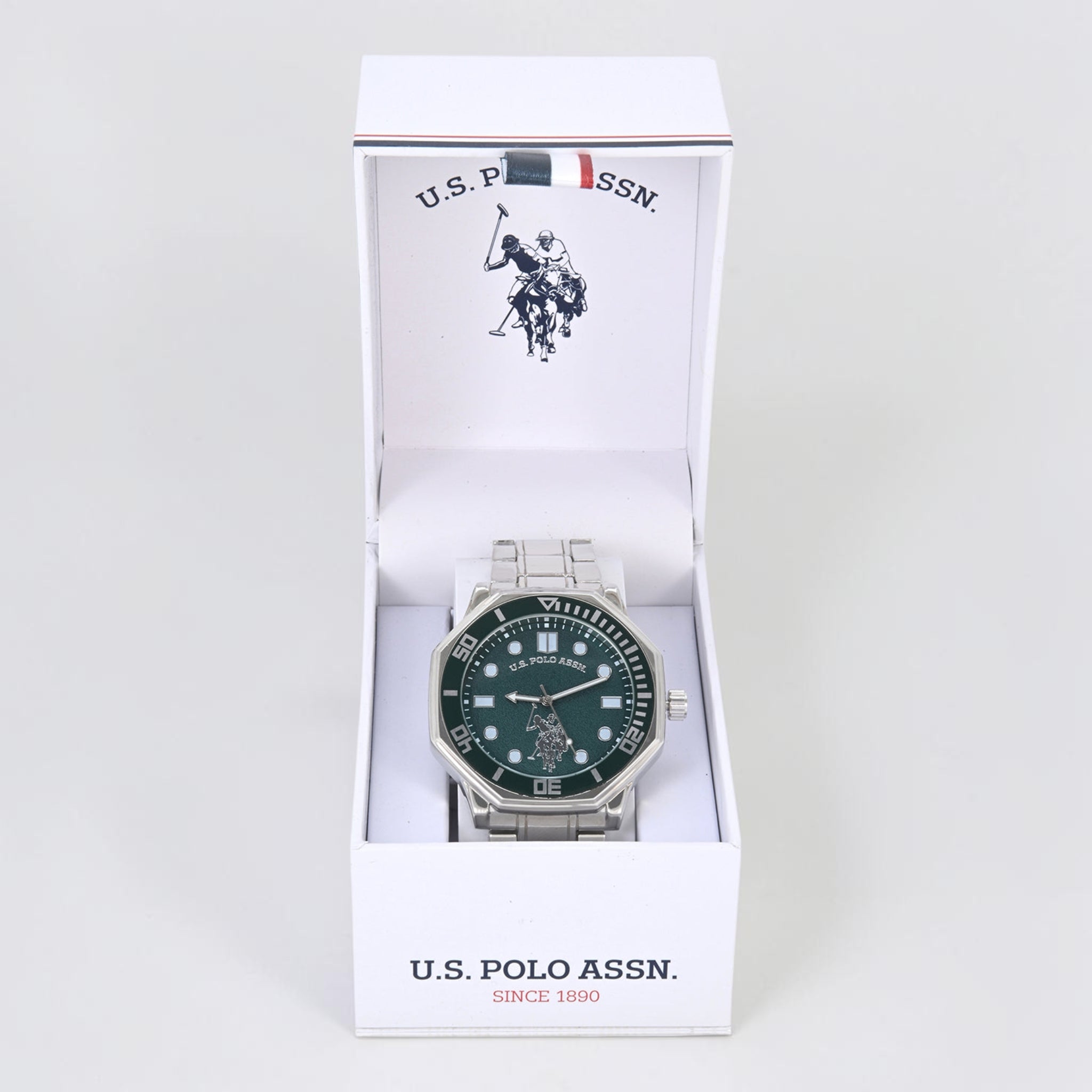 MENS SILVER TONE LINK WATCH WITH GREEN DIAL,USC81011UO-0000A