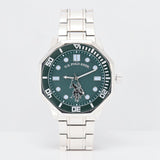 MENS SILVER TONE LINK WATCH WITH GREEN DIAL,USC81011UO-0000A