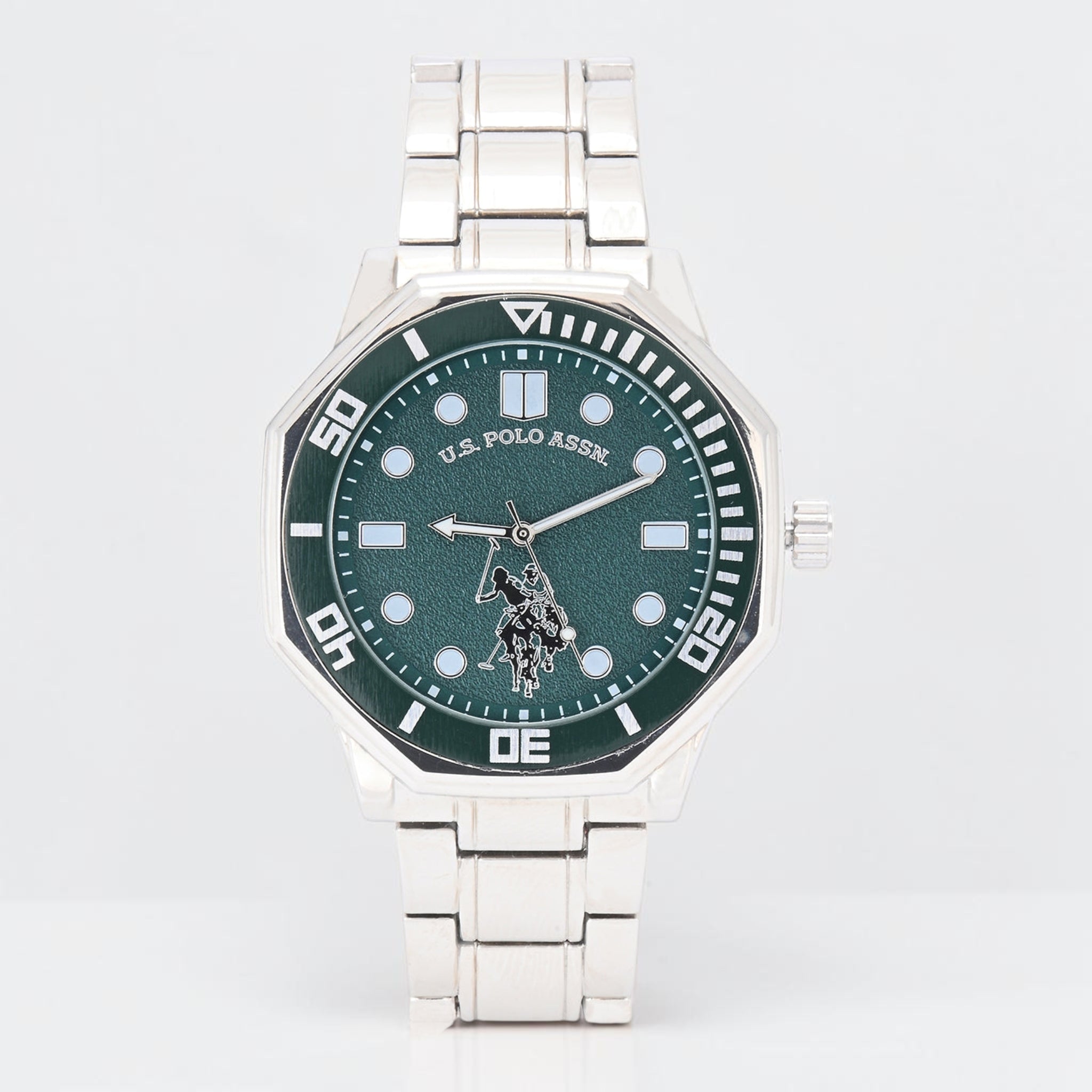 MENS SILVER TONE LINK WATCH WITH GREEN DIAL,USC81011UO-0000A