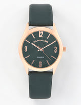 LADIES GREEN STRAP WATCH WITH GOLD ACCENT,USC42157UO-0000A