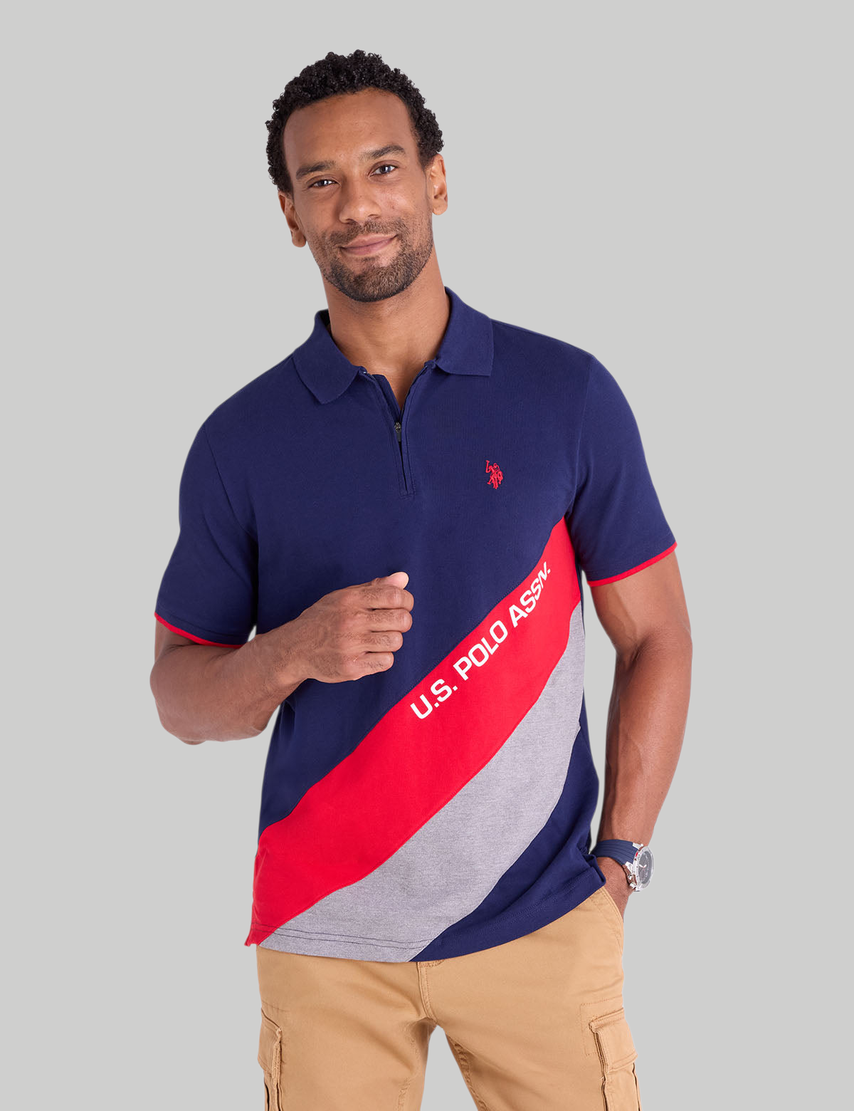 PIQUE COLOR BLOCK ZIPPER POLO SHIRT