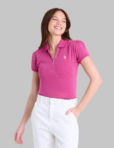 HALF ZIP PUFF SLEEVE HEATHER POLO SHIRT