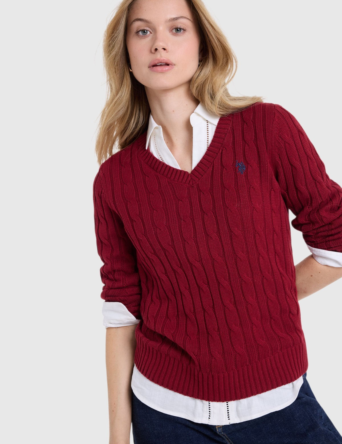 US.POLO.ASSN CABLE V-NECK SWEATER, 21W0007-EE00A