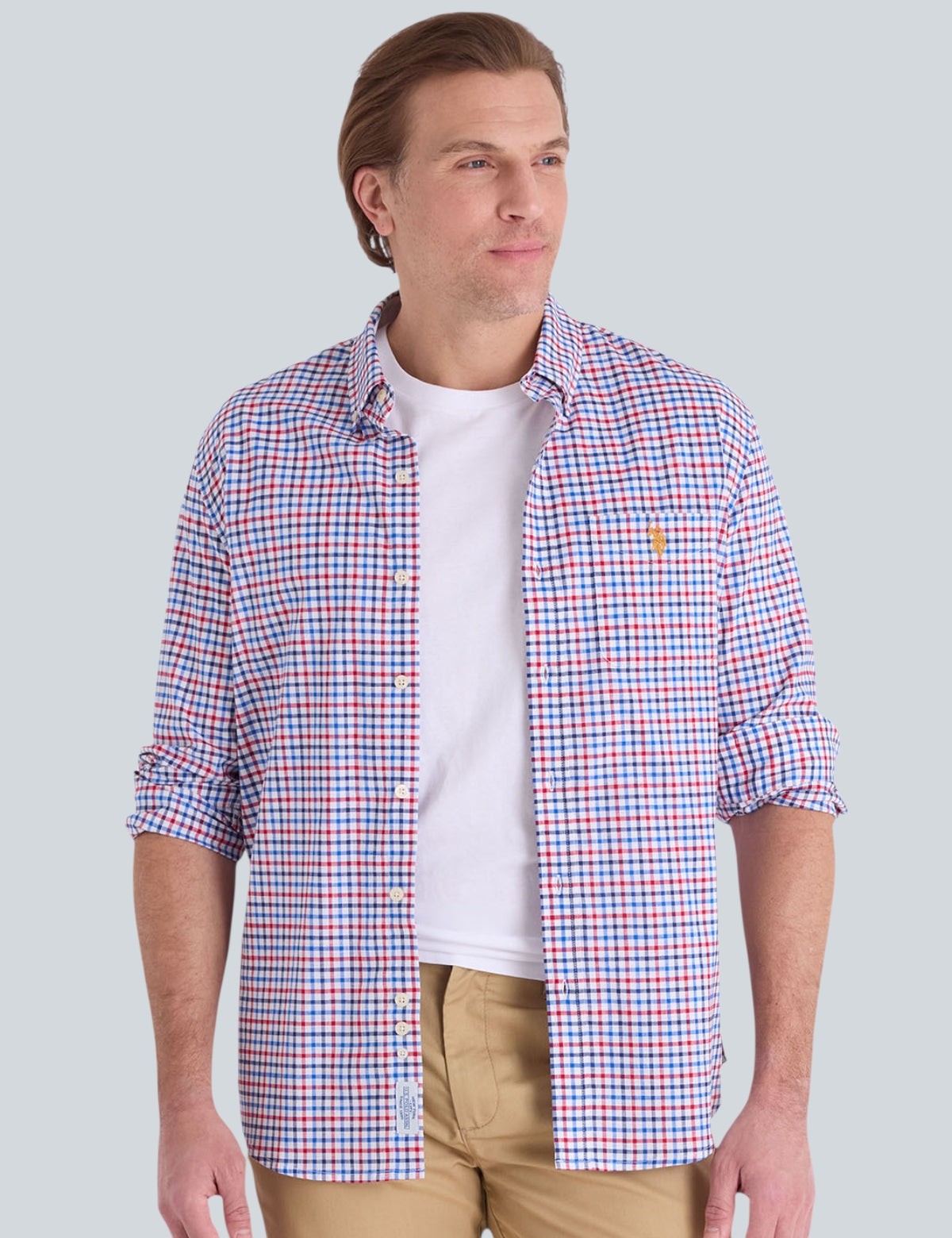 LONG SLEEVE PLAID STRETCH SLUB POPLIN SHIRT,11H0386-VP00A