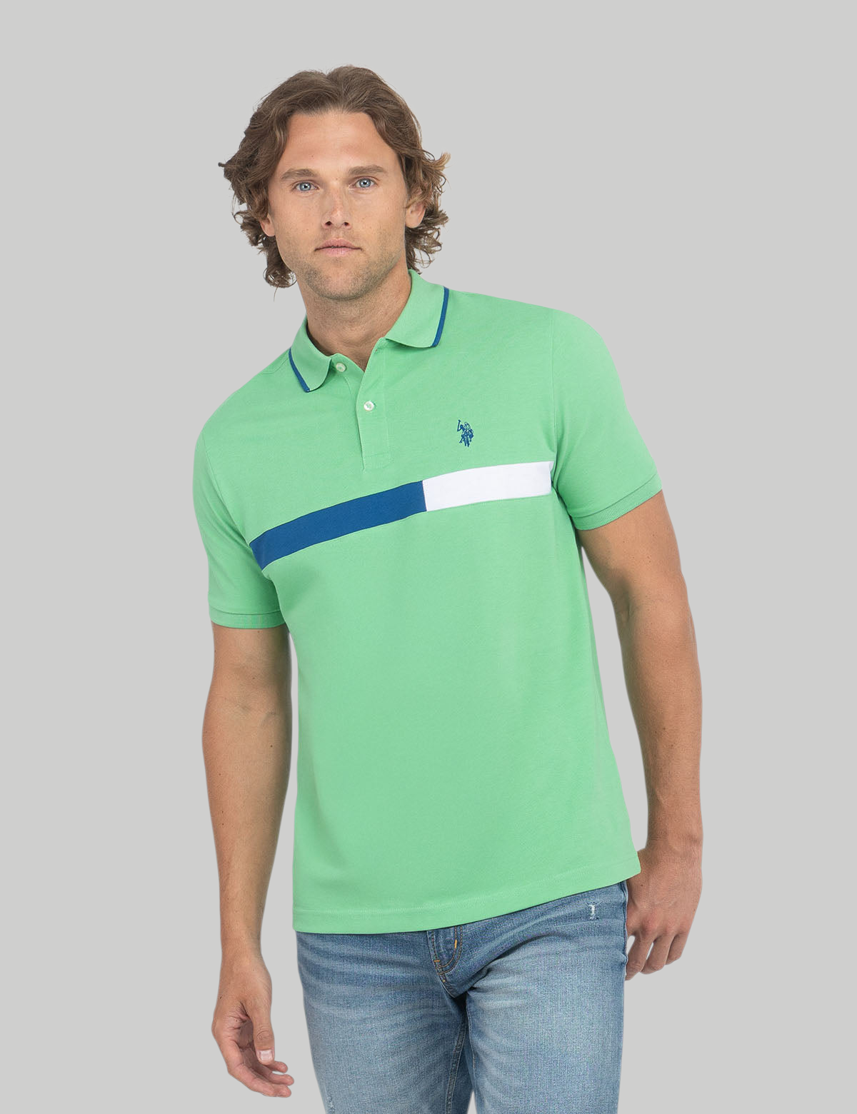 COLOR BLOCK CHEST STRIPE PIQUE POLO SHIRT