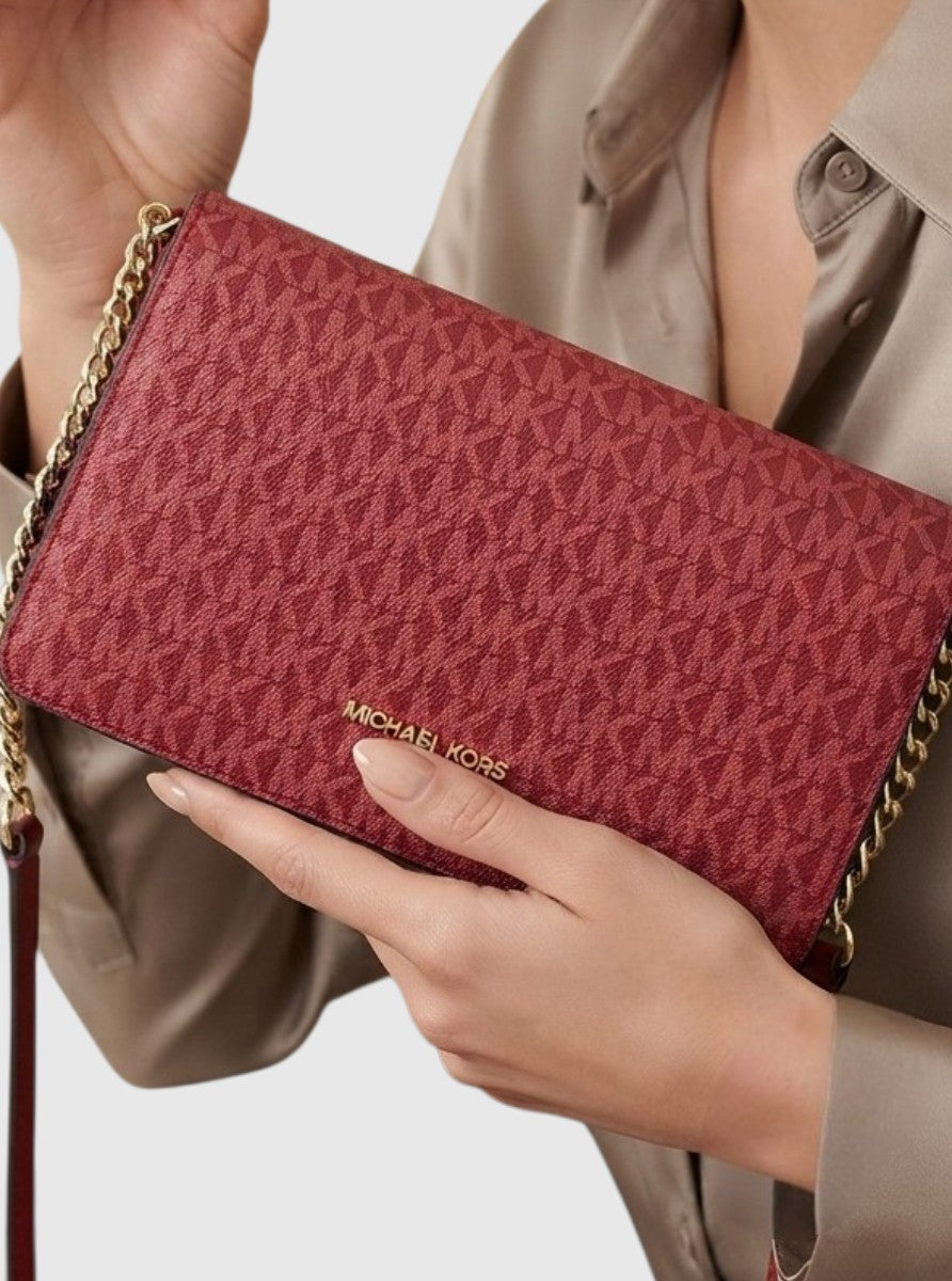 Michael Kors Jet Set Medium Signature Logo Crossbody Bag, Logo-Print Canvas, Gold-Tone Hardware