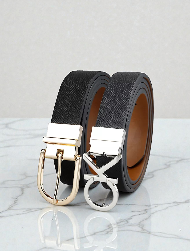 C.K Monogram Logo and Round Buckle Reversible Belt Set 43CK310001