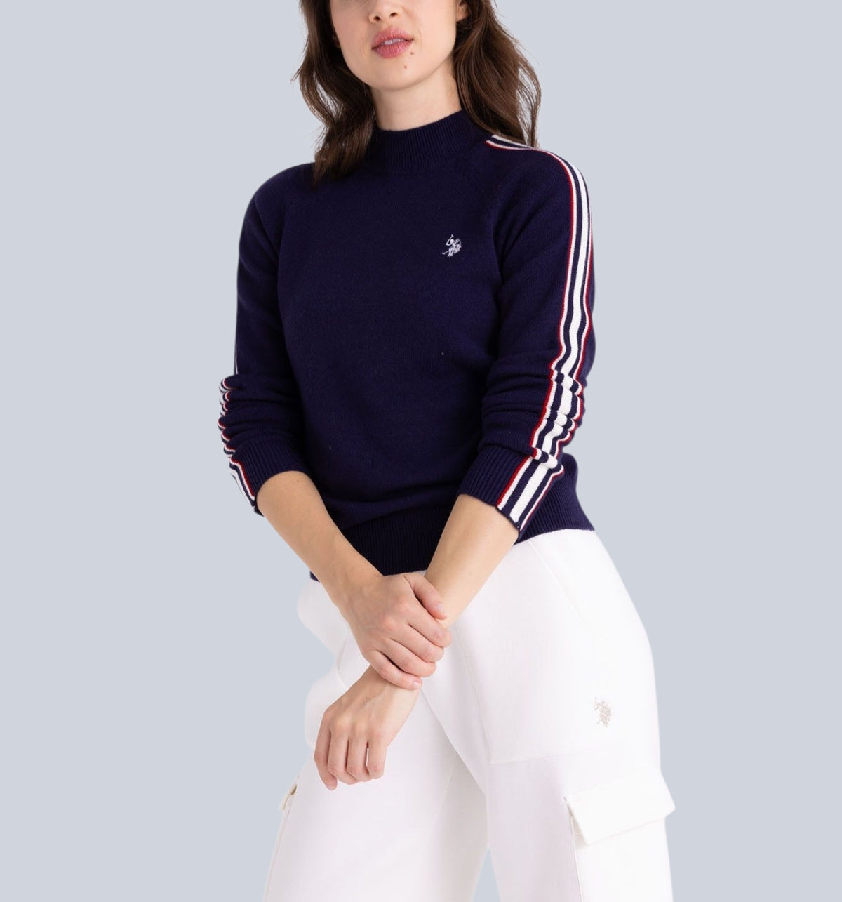 SIGNATURE STRIPE RAGLAN MOCK NECK SWEATER,321113C