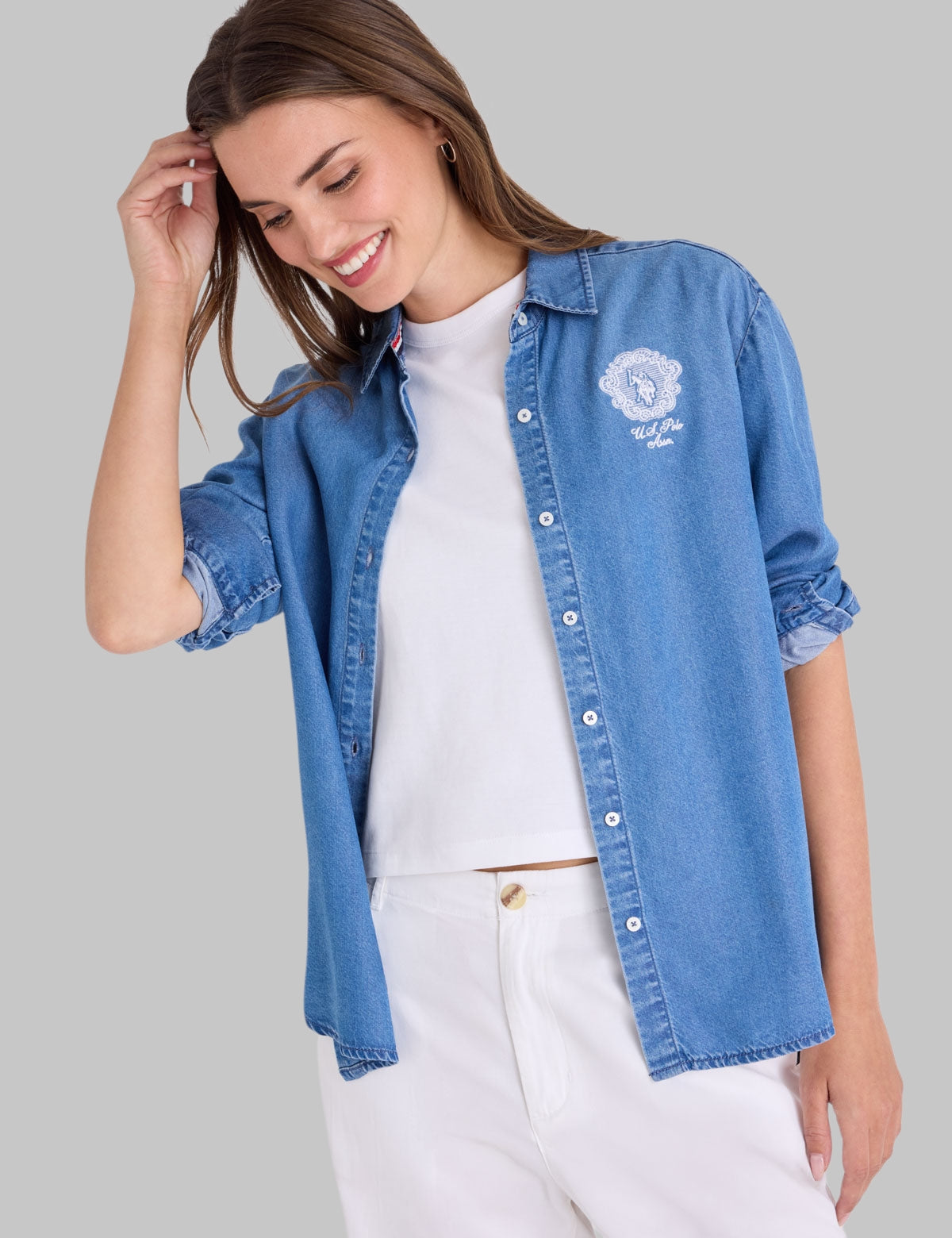 LONG SLEEVE OVERSIZED DENIM SHIRT WITH CREST