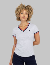 V-NECK SIGNATURE STRIPE TRIM T-SHIRT,215989-2J00A