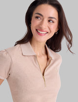 HALF ZIP PUFF SLEEVE HEATHER POLO SHIRT