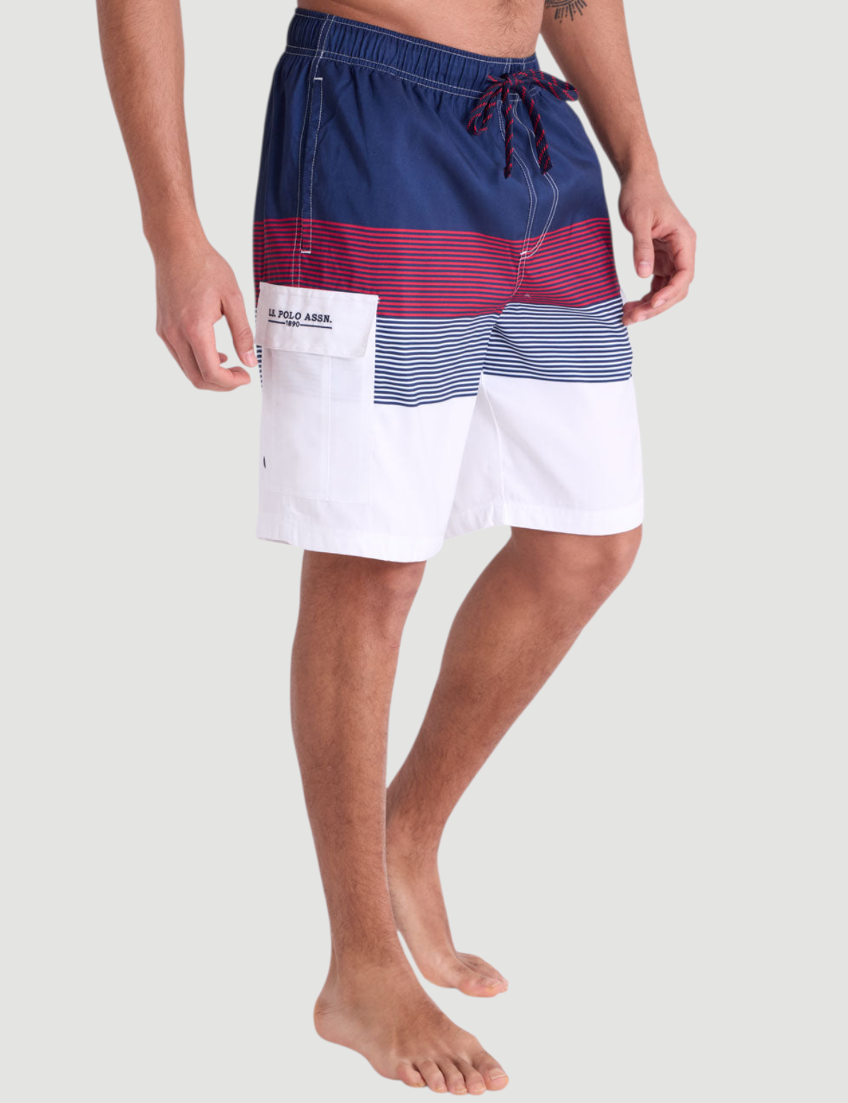 10" COLORBLOCK STRIPE CARGO SWIM SHORTS