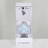 MENS SILVER LINK WATCH WITH BLUE FACE,USC80921UO-0000A