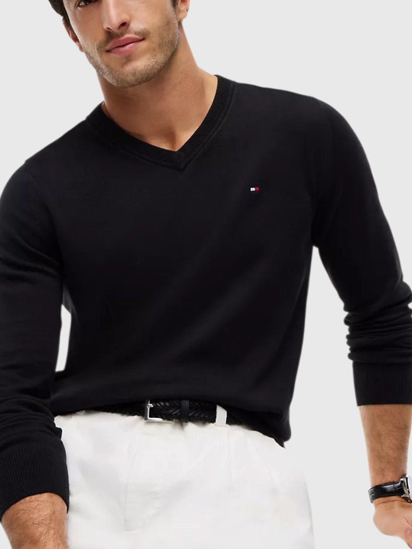 TOMMY HILFIGER Solid Logo V-Neck Sweater,78J8323-BDS
