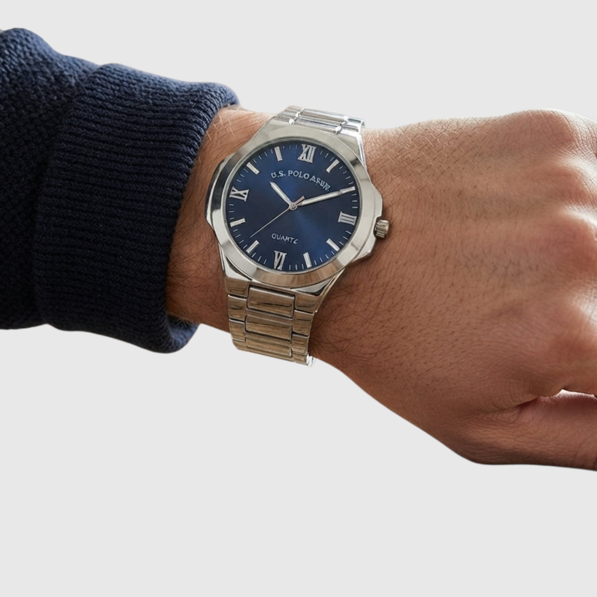 MENS SILVER LINK WATCH WITH BLUE FACE,USC80834UO-0000A